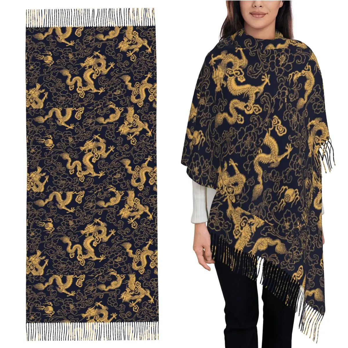 

Китайский традиционный шарф с золотым драконом, шарфы с кисточками, женские мягкие теплые шали и накидки, большая осенне-зимняя шаль