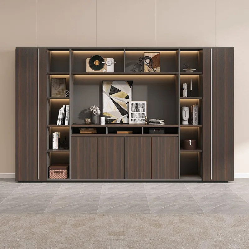 Office filing cabinets, information , wooden , floor-to-ceiling storage , panel type against the wall