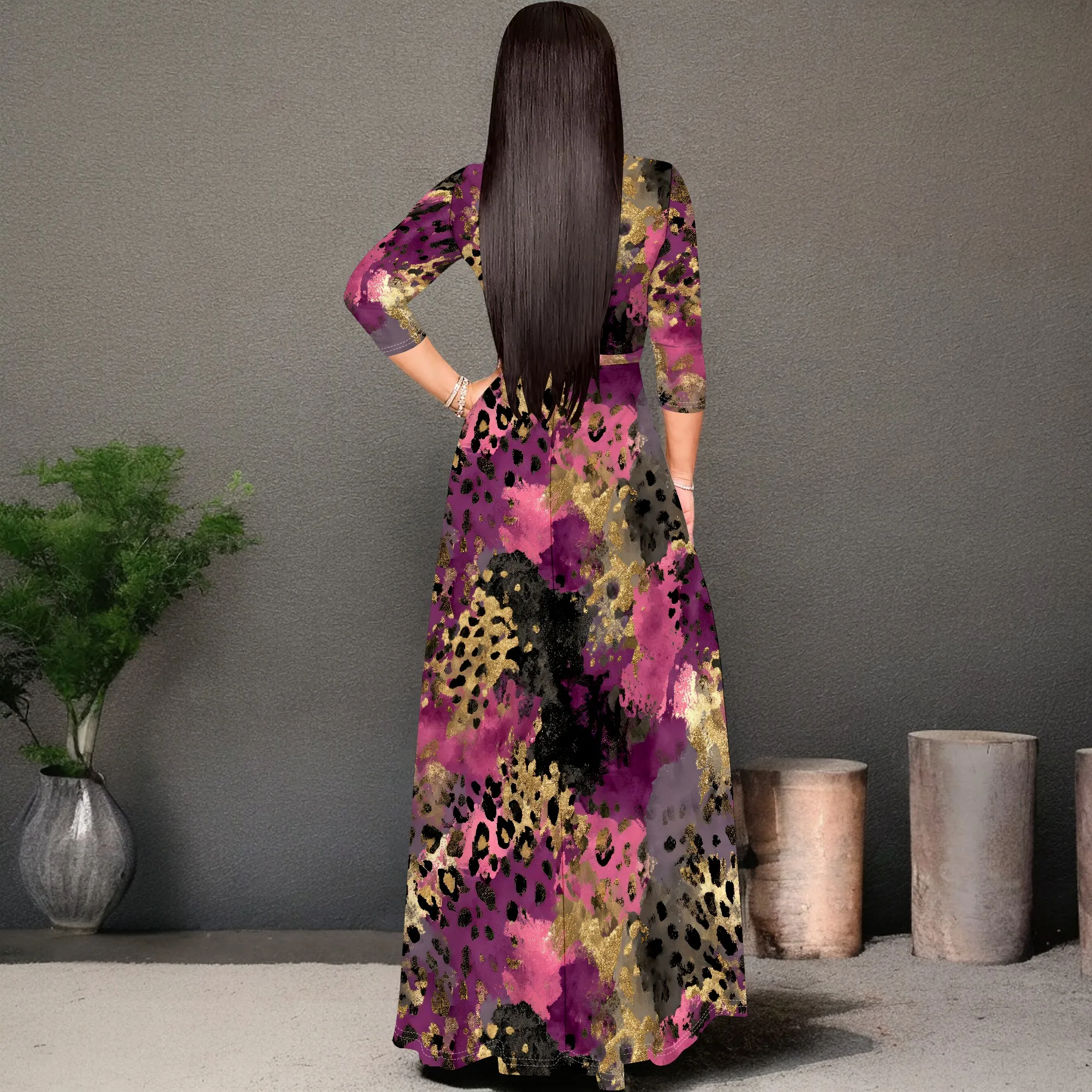 ชุดเดรสฤดูร้อนสบายๆสําหรับผู้หญิง Maxi 3/4 Sleeve เซ็กซี่ลึก V คอ Bodycon Wrap Flowly Beach ชุดวันหยุดกับเข็มขัด