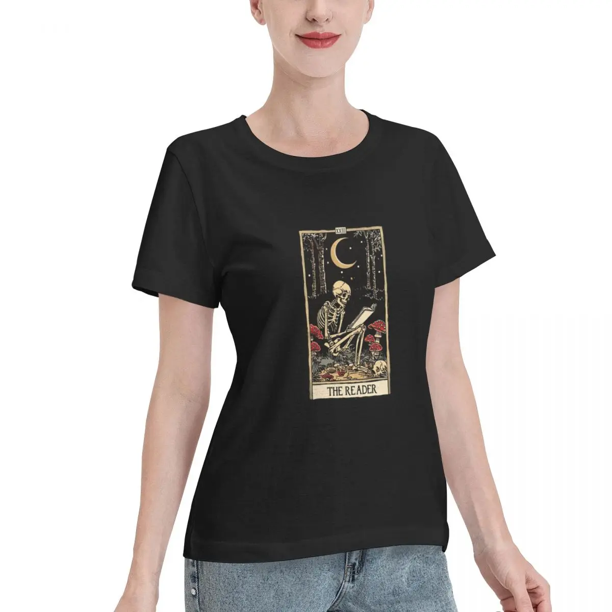 Popular Pick The Reader Antique Tarot Cartomancy - Skull And Mushrooms With Moon Women's T-shirt Simple Chic Non Fading Tee