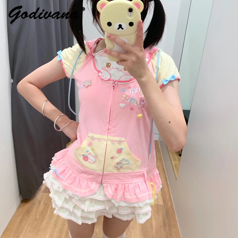 2025 New Spring and Summer Daughter Girls Cute Cartoon Print Zipper Shirt Kawaii Lace Edge Short Sleeve Hooded Pink T-shirt Tops