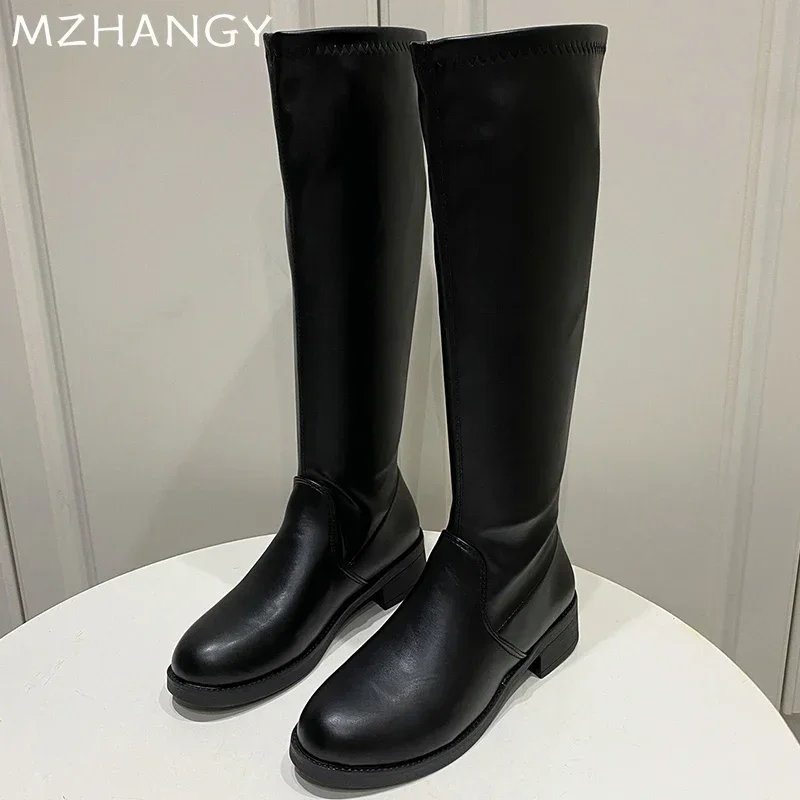 Women Leather High Boots Chunky Knee High Shoes Woman Trend Fashion New Snow Low Heels Motorcycle Boots Mujer GOth Chelsea Botas