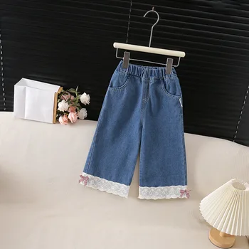 Kids Spring Jeans with Lace Hem 2-6Y Girls Loose Pants Korean style Children Sweet Elastic Waist Denim Trousers