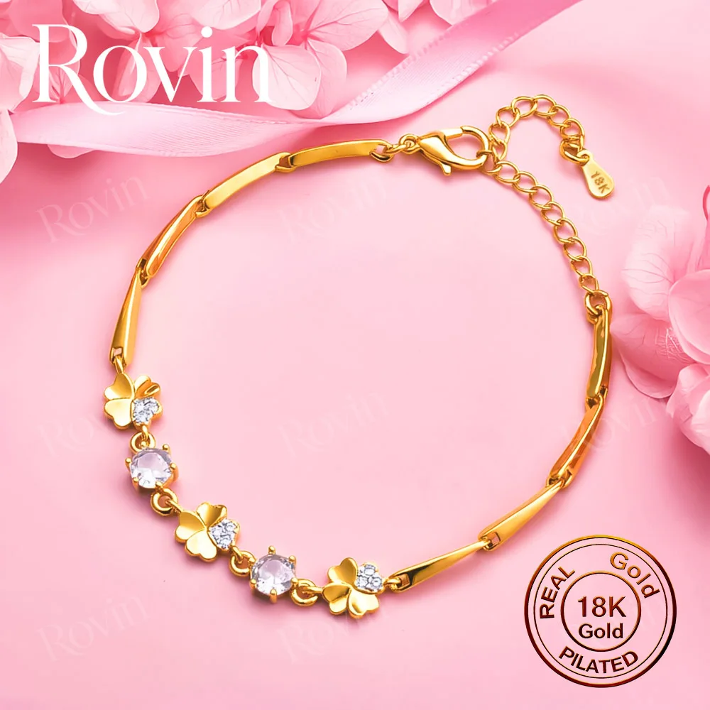 18K Gold 8-Inch Exquisite Four-Leaf Clover Zircon Bracelet – Stylish Women's Wedding Jewelry & Party Gift