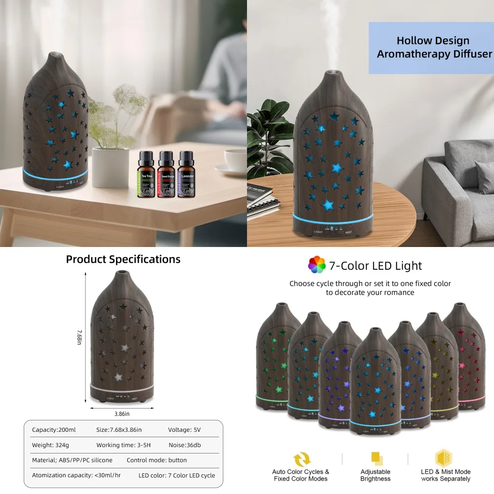 إيقاف تلقائي و7 خيارات ألوان ناشر مجوف على شكل نجمة للعلاج بالروائح، تصميم هادئ بالموجات فوق الصوتية، مثالي لغرفة النوم أو المكتب