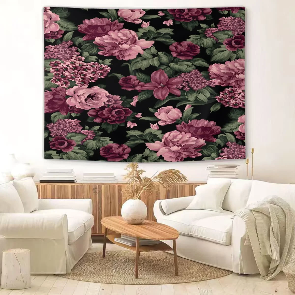 

Белый гобелен с розовыми цветами: яркий декор для стен в спальнях, идеально подходит для романтического цветочного стиля и уютного оформления дома