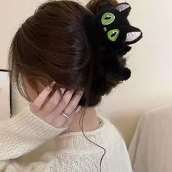 1pc New cute little black cat hair clip for women, autumn and winter plush grip clip cartoon clip