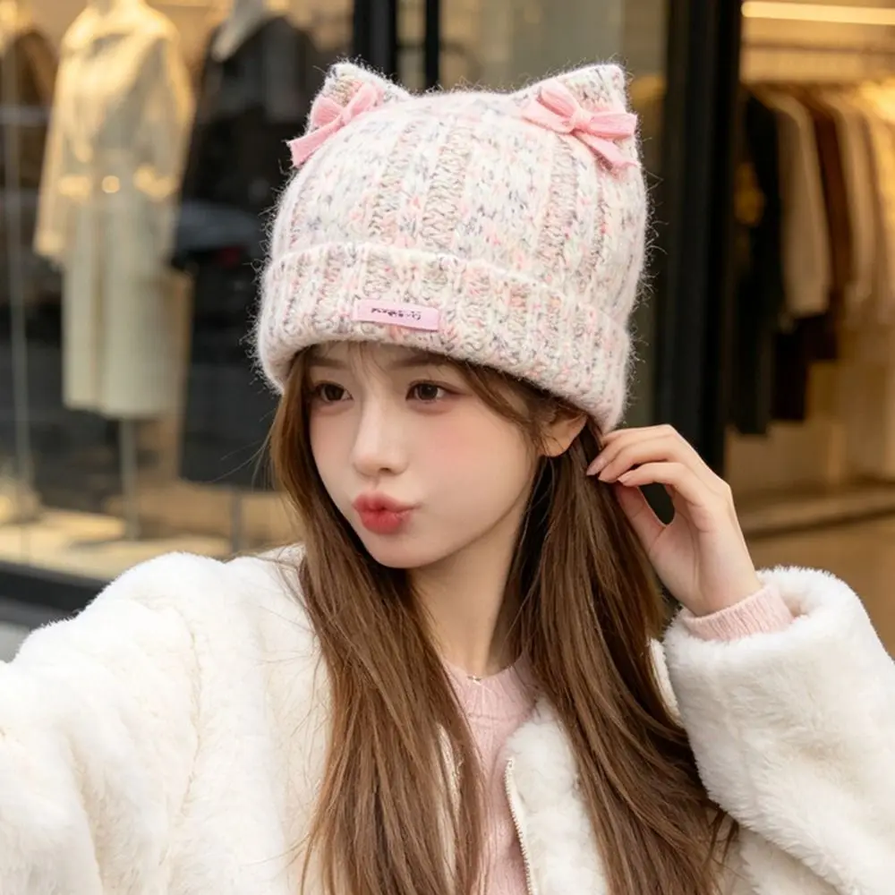 Polyester Cat Ear Knitted Beanie Cuffed Design Melange Yarn Double Lace Bows Beanie 56cm to 60cm Large Head Circumference