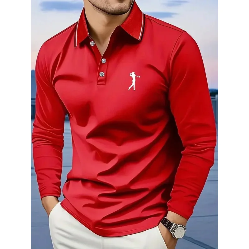 Casual men's polo shirt with long sleeves, breathable and comfortable, suitable for striped printed graphics and golf player gra