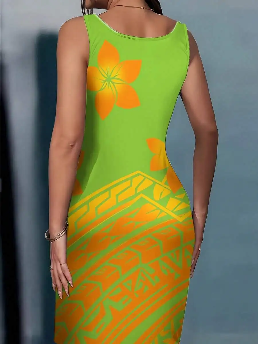

Tropical Flower Print Round Neck Sleeveless Bodycon Dress For Women Summer Beach Party Wear