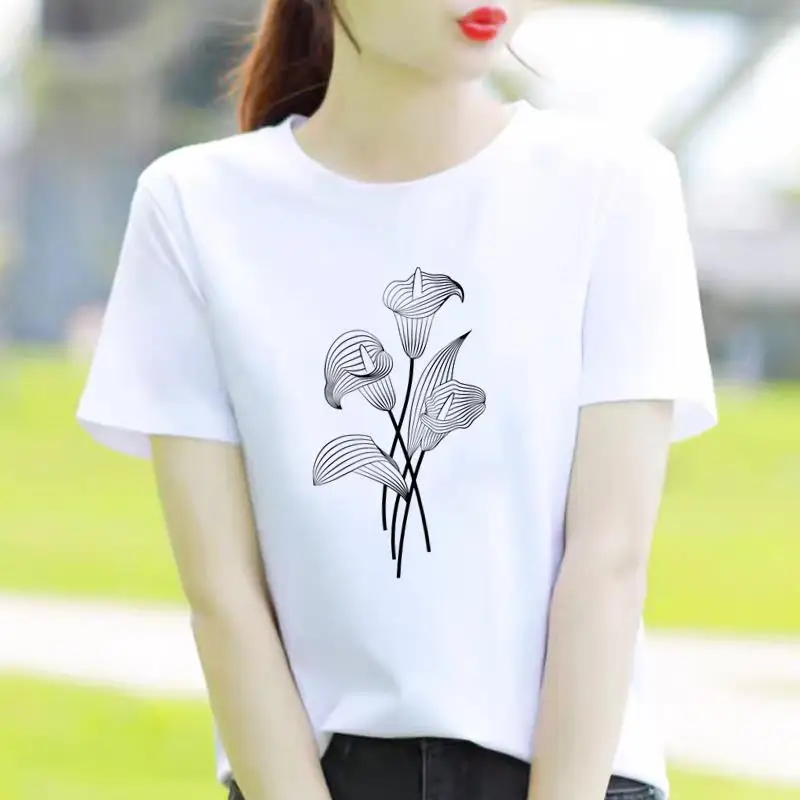 

Bottom Shirt Ins Sweet Simple Flowers Round Neck Wear Female Print Fashion Internet Celebrity Commuter Short-sleeved T-shirt