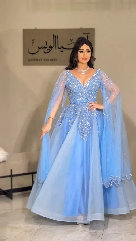 Light Blue Crystal Prom Dresses Long for Arabic Women V Neck Beading Cape Sleeve A Line Tulle Formal Evening Gowns Customized