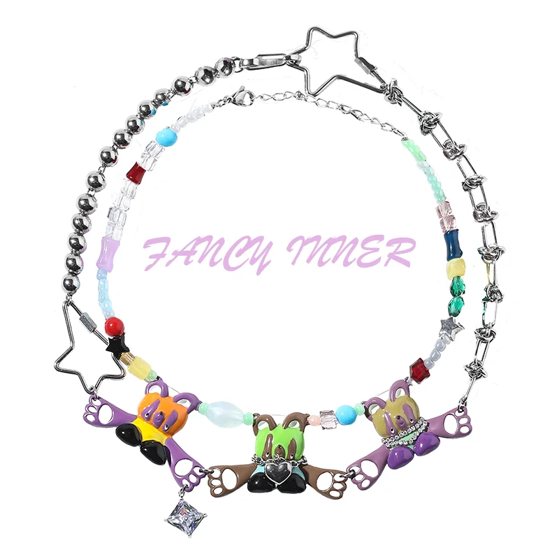 

2025 New Y2k Necklace Bear Beaded Double Layer Star Colorful Cute Neck Accessaries for Women Girl Party Gift Jewelry