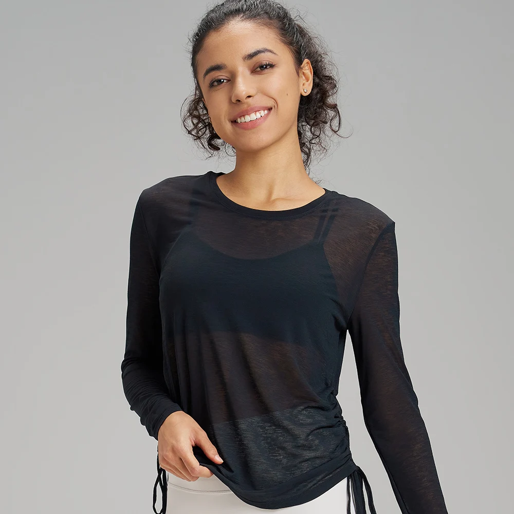 Women Loose Thin Sport Shirts Drawstring Yoga Tops Long Sleeves Workout T-Shirt Quick Dry Running Sweatshirts Fitness Blouse