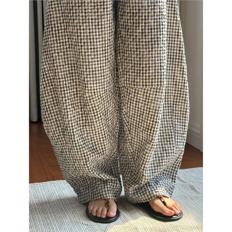 B-TOTO Summer New Japanese Plaid High Waist Design Flax Curved Wide Leg Casual Style Fabric Light Breathable Silhouette Trousers