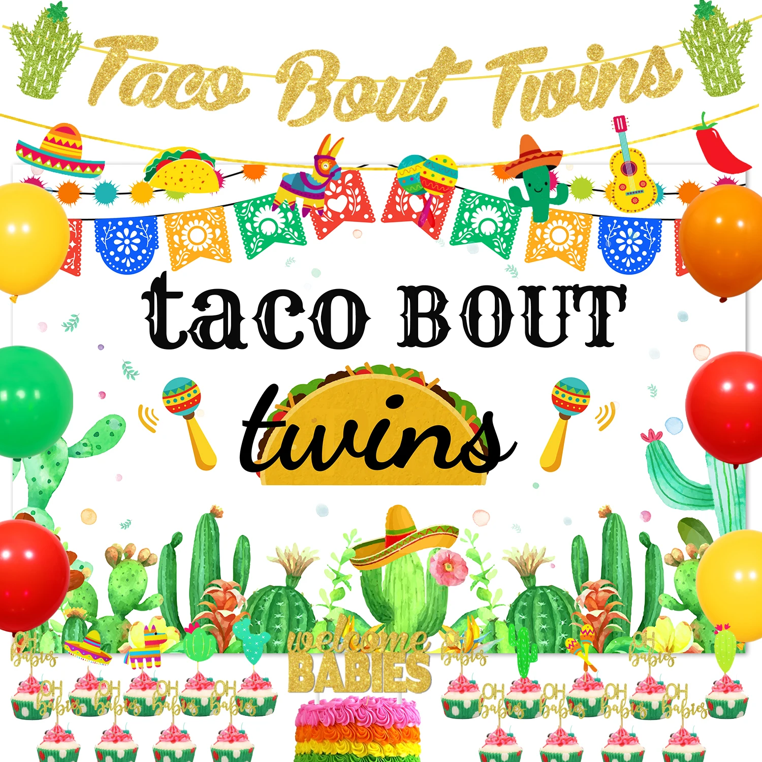 Taco Bout Twins Mexican Theme Baby Shower Decor Welcome Baby with Fiesta Backdrop Cake Toppersfor Cinco De Mayo Party Supplies