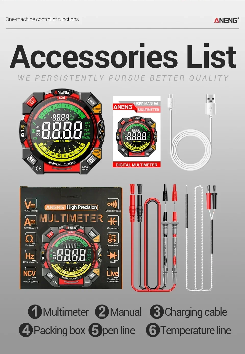 Multitester 6000 Counts 600V Spannungsprüfer ANENG 626 Multimeter Tragbares Strom-Ohmmeter Wiederaufladbares USB-Detektorwerkzeug – Detail 14