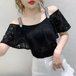 Summer New Hollow Out Off Shoulder Slim Tops Tees Solid Color Lace Patchwork Office T Shirts Elegant Fashion Women Clothing