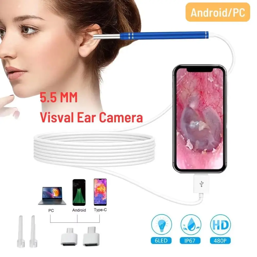 5.5MM HD Visual Ear Endoscope 3 in 1 USB Veterinary Otoscope Ear Wax Cleaning Inspection Otoscopio Tools for Android Phone PC