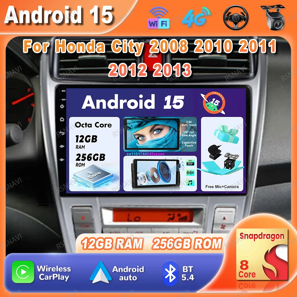 

Car Radio Android 15 For Honda City 2008 2010 2011 2012 2013 Qualcomm QLED Multimedia BT Wireless Carplay Auto Navigation DSP