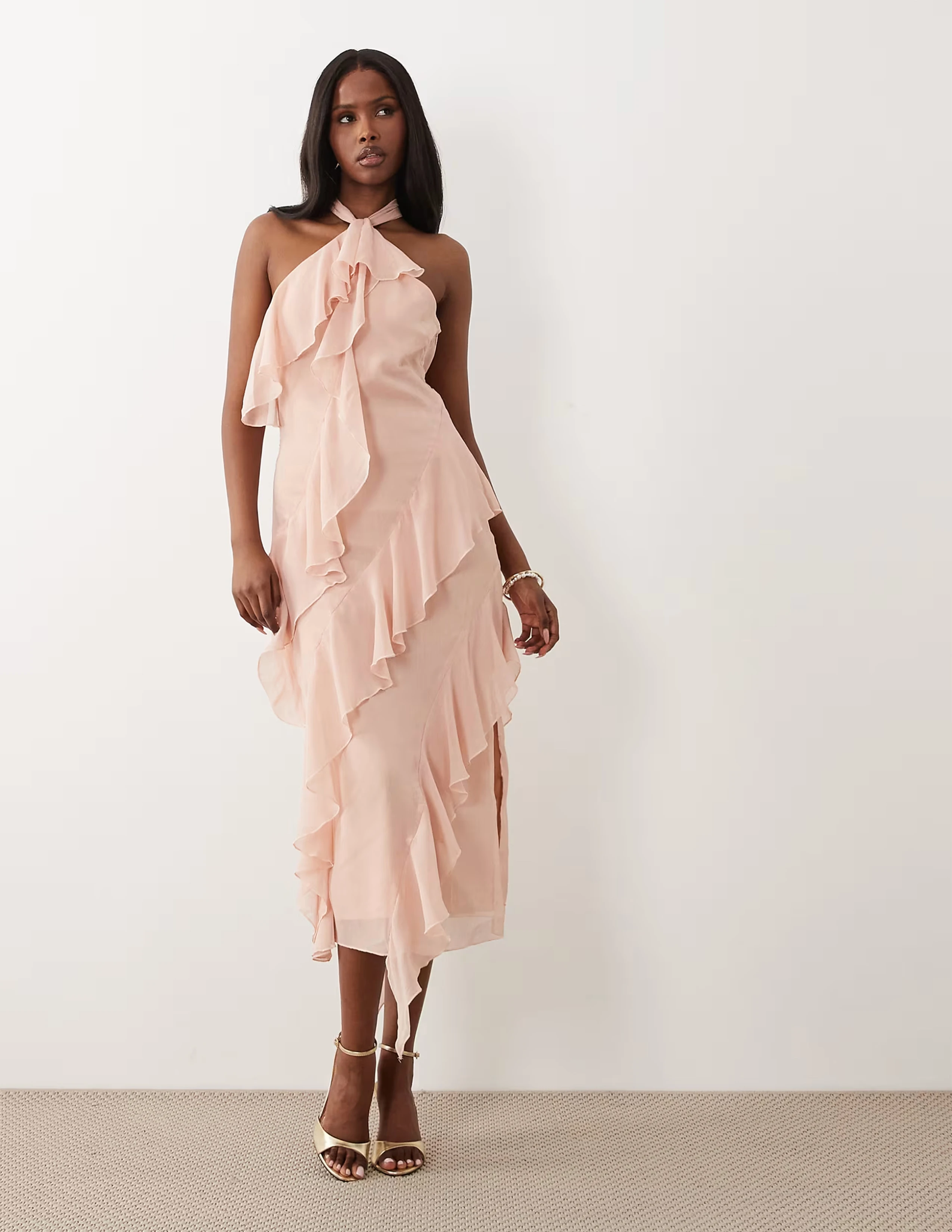 Customized Blush Pink Halter Midi Evening Dress Women Chiffon Ruffles High Side Slit Bridesmaid Cocktail Party Formal Gown 2026