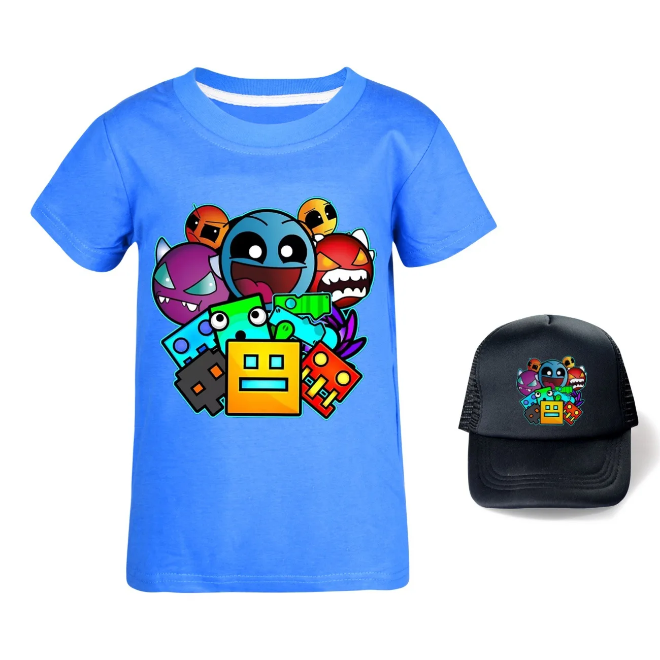 Game Geometry Dash T Shirt Summer Kids Cartoon Casual Clothes Junior Boys Short Sleeve Tops Baby Girls Fashion T-shirt&Sunhat