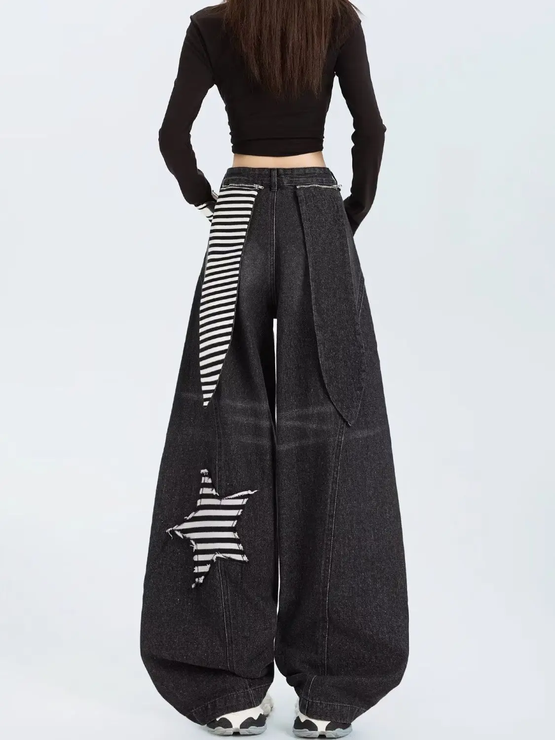 Women’s Retro Hip Hop Rabbit Ear Design Jeans Autumn High Waist Baggy Unisex Denim Pants Female Star High Waist Loose Trouser