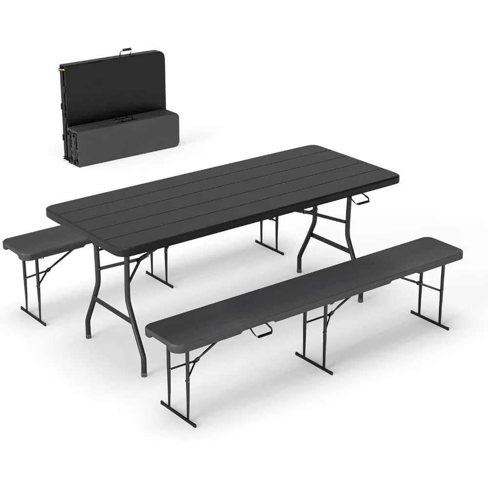 

6' Picnic Table With 2 Benches, 3 Piece Black Wood Grain Portable Hdpe Folding Camping Table