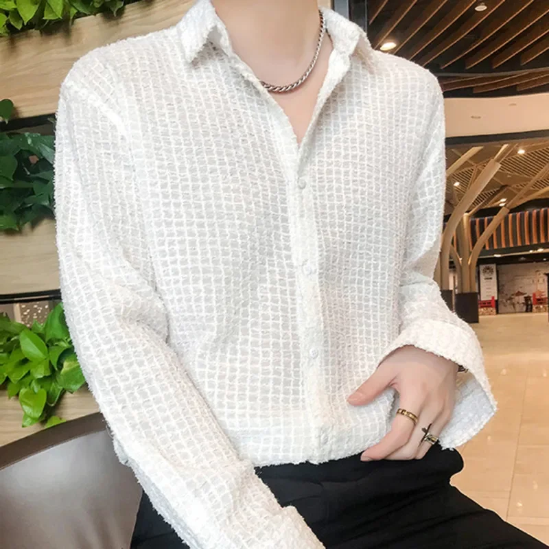 Vintage Fashion Black White Dress Shirt Man 2024 Men's Hollow Mesh Lace Long Sleeve Loose Casual s Male Streetwear