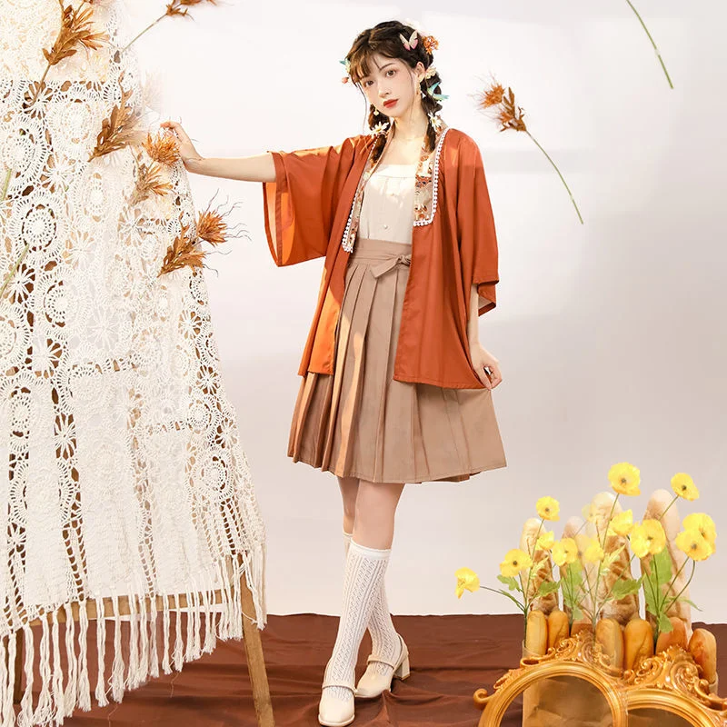 

Modern Hanfu Han Elements Improved Chinese Style Women's Chiffon Vintage Short Skirt Cardigan Set Summer Kimono Three-piece Suit