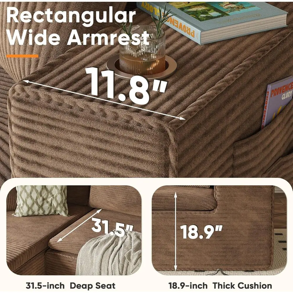 أريكة مقسمة باللون البني 109 على شكل حرف L مع إسفنج الذاكرة، والمقعد العميق، وحاملات الأكواب، وجيوب تخزين - لا حاجة للتجميع