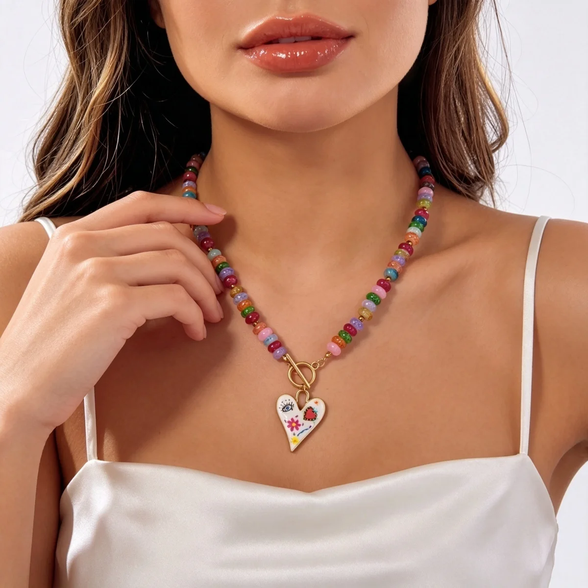 Dopamin Bunte Glas-Flachperlen Graffiti-Blumen-Herz-Anhänger Halskette für Frauen Männer Y2K Vintage OT-Schnallen-Choker Schmuck – Detail 12