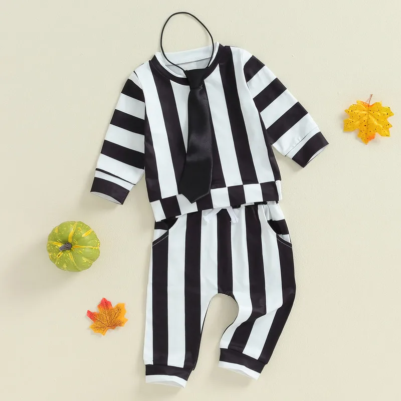 Toddler Baby Boy Pant Sets Spring Autumn Clothes Stripe Long Sleeve Sweatshirts Long Pants Necktie 3Pcs Clothes Set