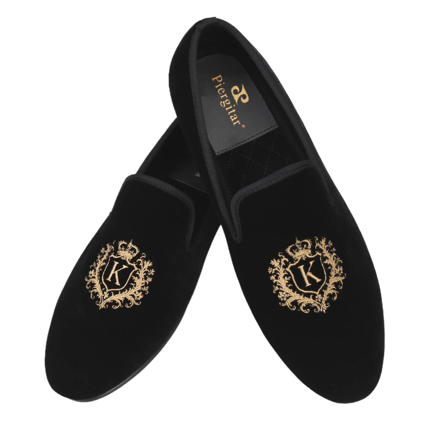 Piergitar Foreign Trade Style Black Velvet Men's Smoking Shoes With Custom Letters Embroidery Formal Wear Perfect Match Loafers