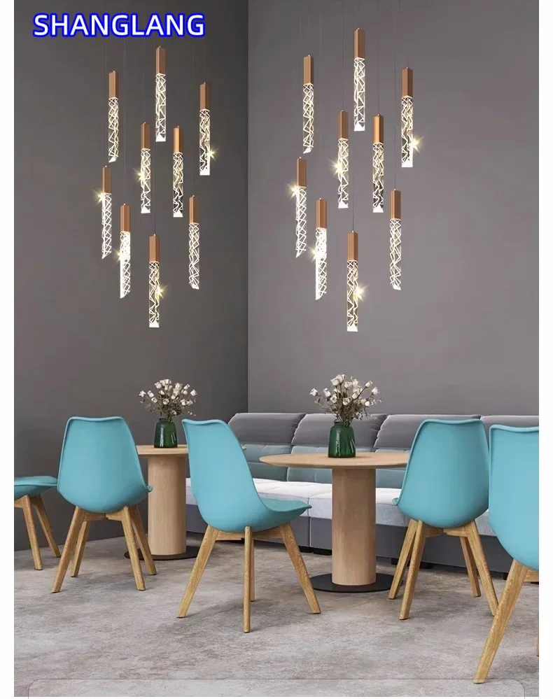 Gold Acrylic LED Chandelier for Spiral Staircase Hanging Light Aluminum Design Luxury Home Decor Duplex Villa Living Room