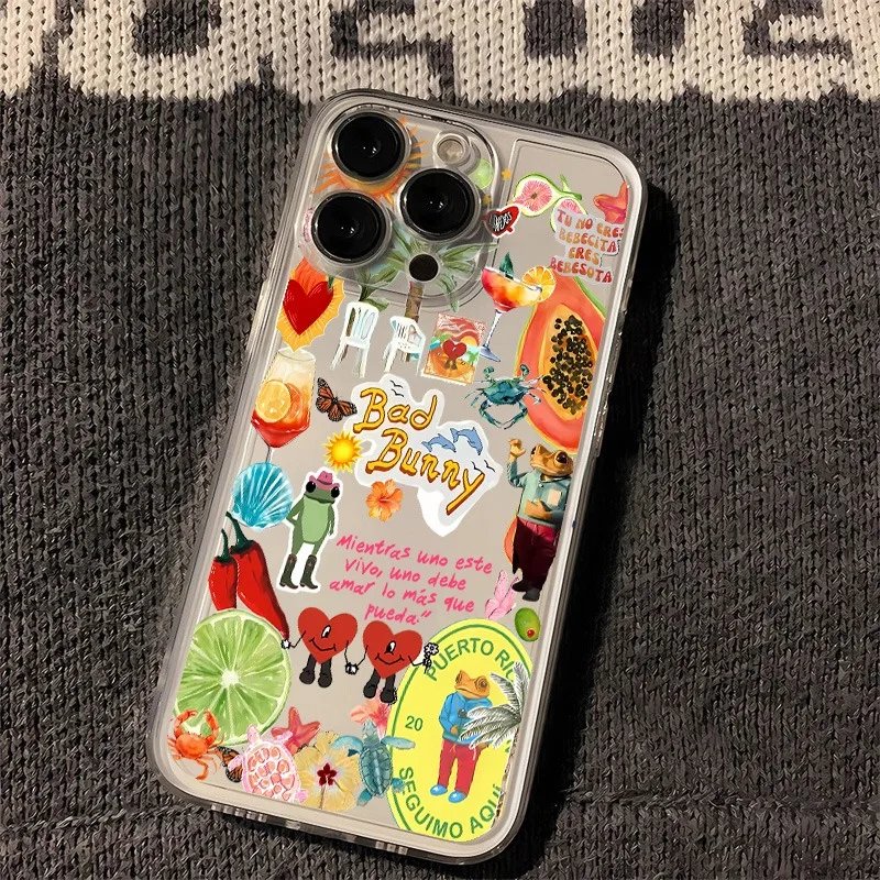 Bad Bunny Art Pattern Phone Case For iPhone 17 16 15 11 12 14 13 Pro Max Mini X XR 7 Plus 17E Shockproof Silicone Cover Fundas