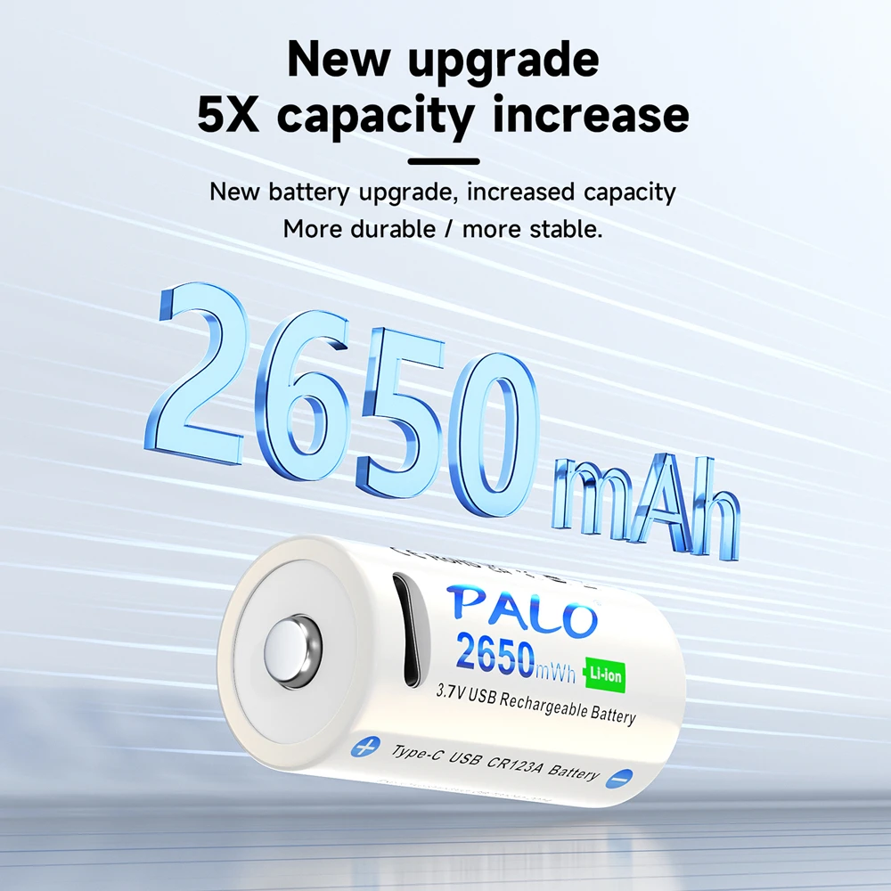 LED懐中電灯用Palo充電式バッテリー、USBリチウム電池、Type-Cケーブル、2650mwh、rcr123a、16340、3.7v、2〜6個