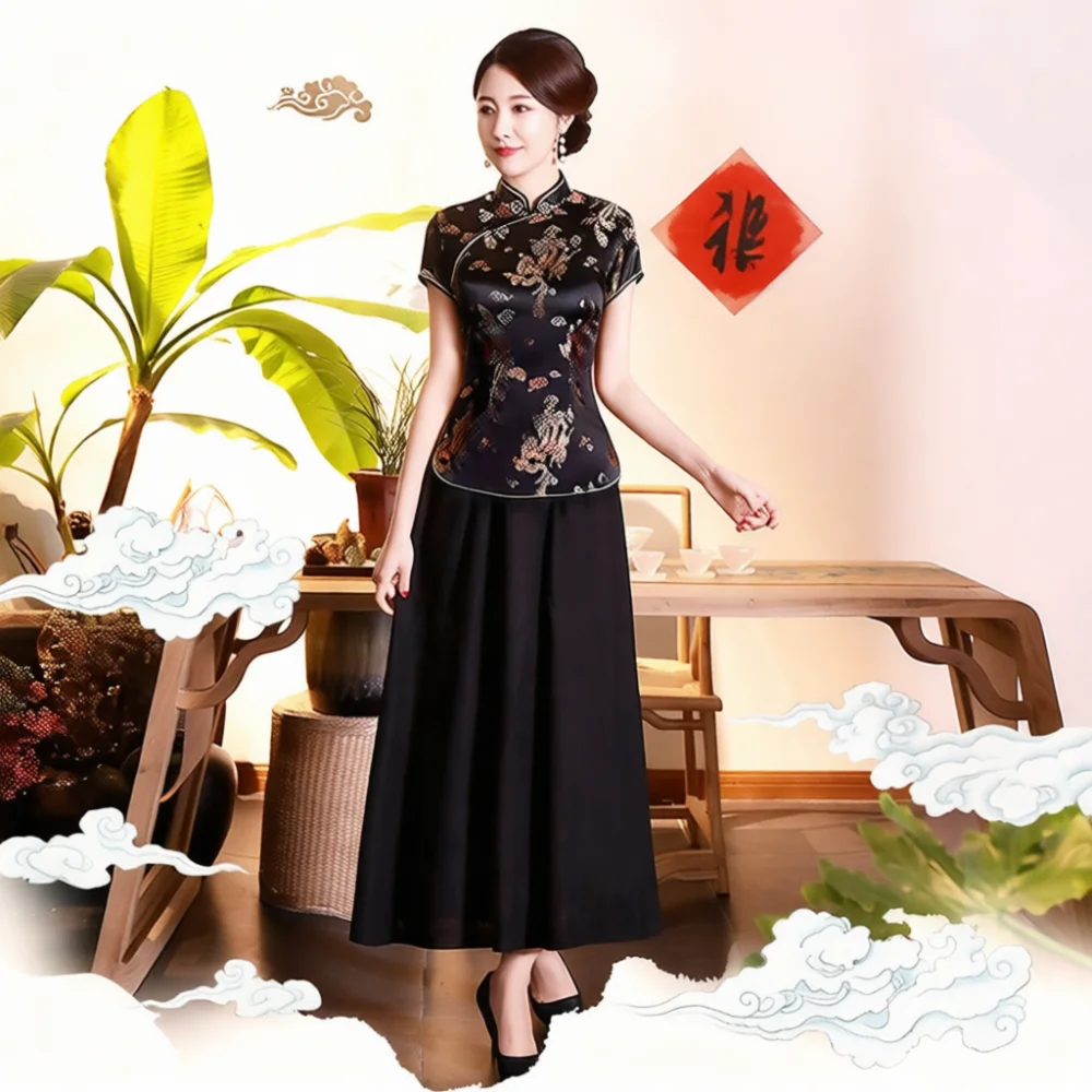 Womens Retro Cheongsam Top Elegant Chinese Style Brocade Blouse Slim Fit Floral Tang Suit Summer Formal Stage Apparel view 4