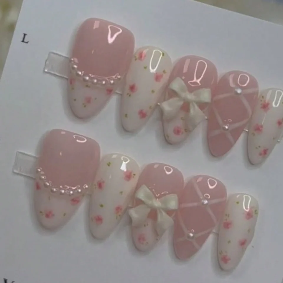 10 piezas uñas francesas florales con perlas almendra cortas hot girl Y2K lindo lazo balletcore minimalista versátil uñas postizas hechas a mano 2