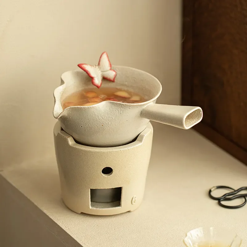 Japanese Style White Mud Charcoal Stove Set Coarse Pottery Side Handle Pot Outdoor Tea Boiler Windproof Carbon Heater for