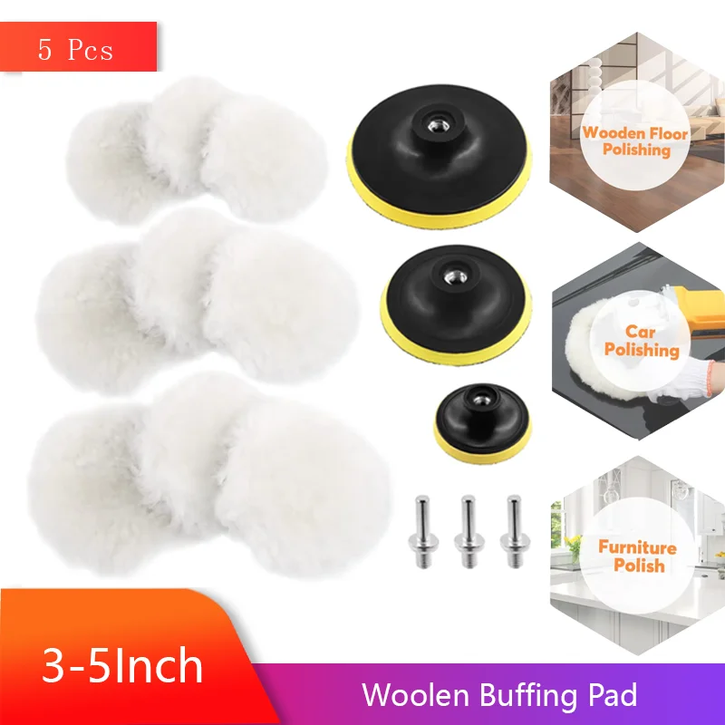 

3-5Inch Wool Buffing Polishing Pad Set 5Pcs with M10 Drill Adapter and Backing Pad Wool Wheel Woolen for Automobile Waxing
