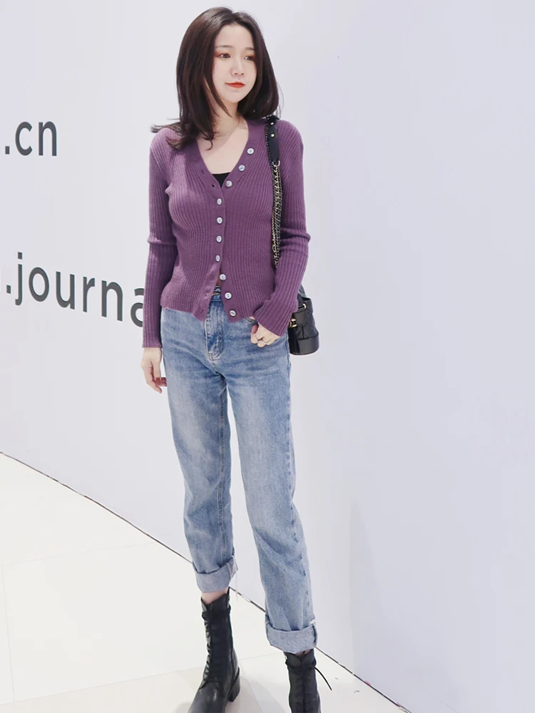 

Весенний вязаный кардиган с длинными рукавами, фиолетовый, на одной пуговице, с двойным V-образным вырезом, приталенный, с длинными рукавами, для женщин