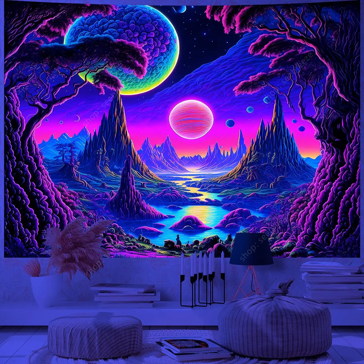 Galaxy Space Landscape UV Reactive Tapestry Trippy Planet Mountain River Neon Art Wall Tapestries for Bedroom Dorm Party Decor