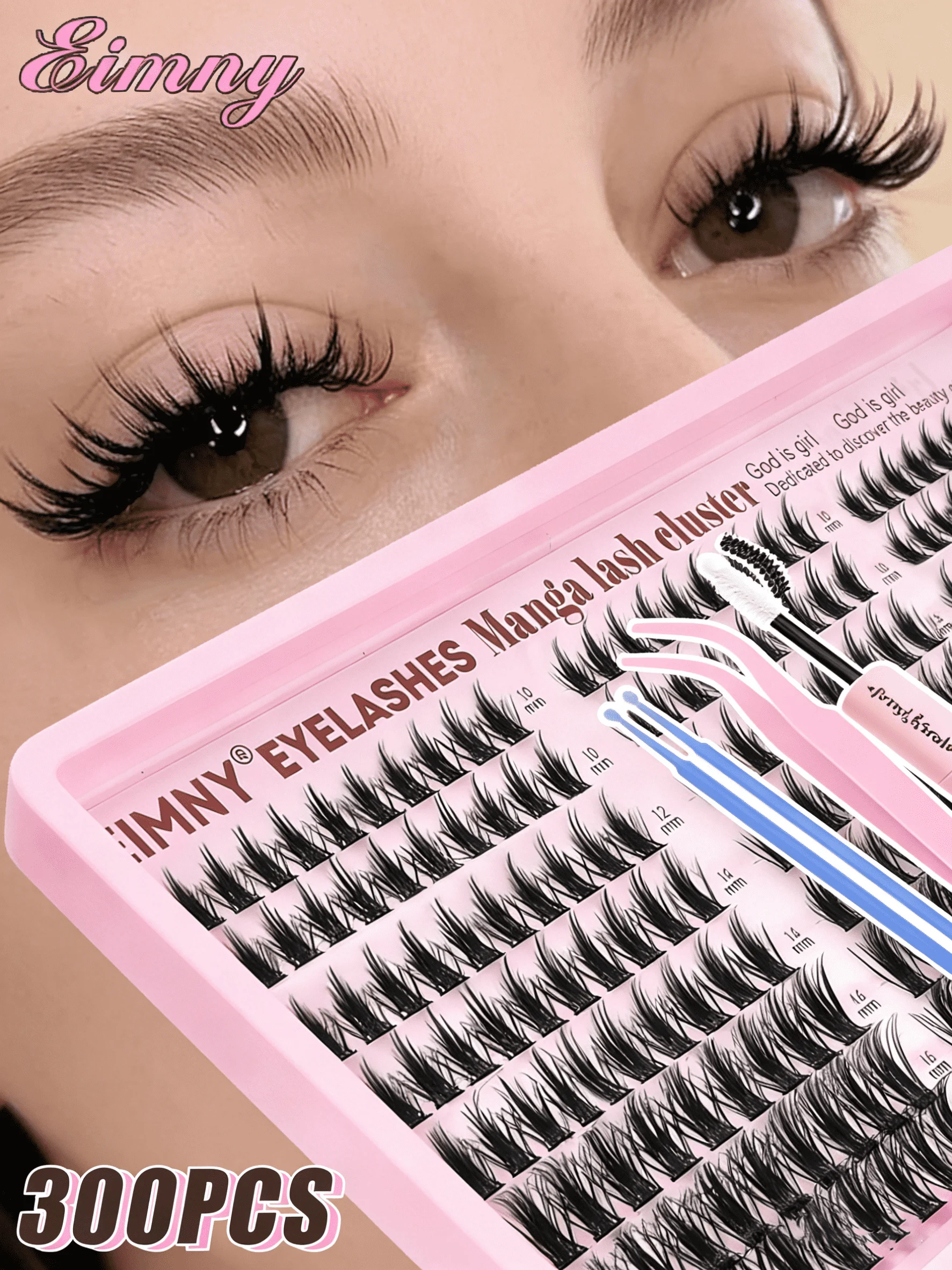 EIMNY 300 Stück Wimpernverlängerungen im Little Devil-Stil, 10–16 mm, inklusive Kleber, Pinzette, Wattestäbchen, Manga-Wimpern, natürlich, voluminös