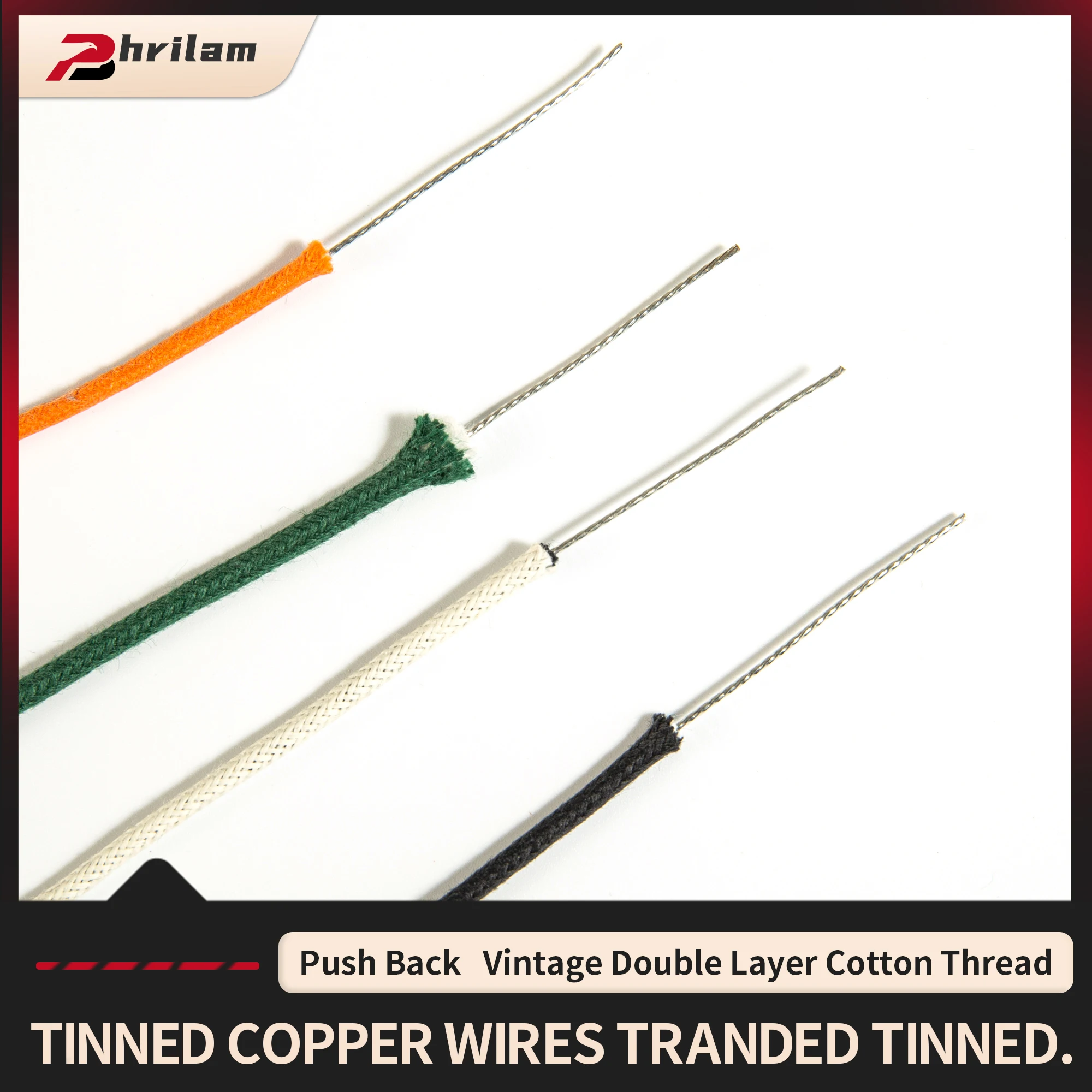 PHRILAM Electric Guitar Bass Cable Copper Tinned Vintage Style Pushback Guitar Cable 1ft (30.48cm) Long, Four Colors 2 pcs