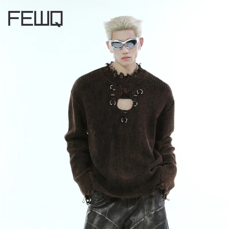 FEWQ Niche Metal Hollow Out Design Men Knitted Sweater 2024 Solid Color Long Sleeve Metal Ring Decoration Male Pullover 24E5658