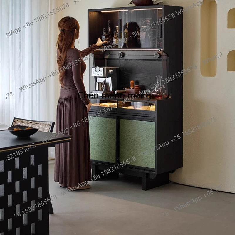 

Retro dining side cabinet integrated storage tea cabinet against the wall black solid wood ash wood coffee side cabinet