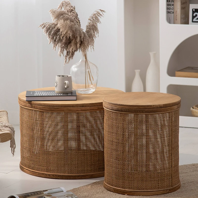 Japanese Round Coffee Table Living Room Rattan Woven Side Table Clamshell Storage Room Desks Multi-functional Home Furniture