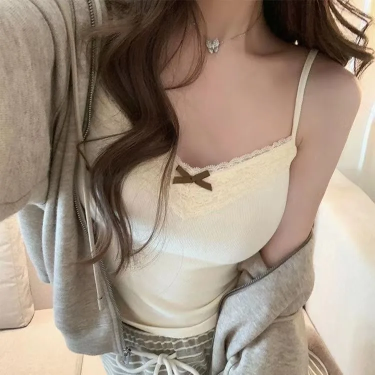 Grey Lace Trim Camisole Tank Top Women's Short Style Inner And Outer Wear Slim Fit Design Unique Female Nylon Fabric