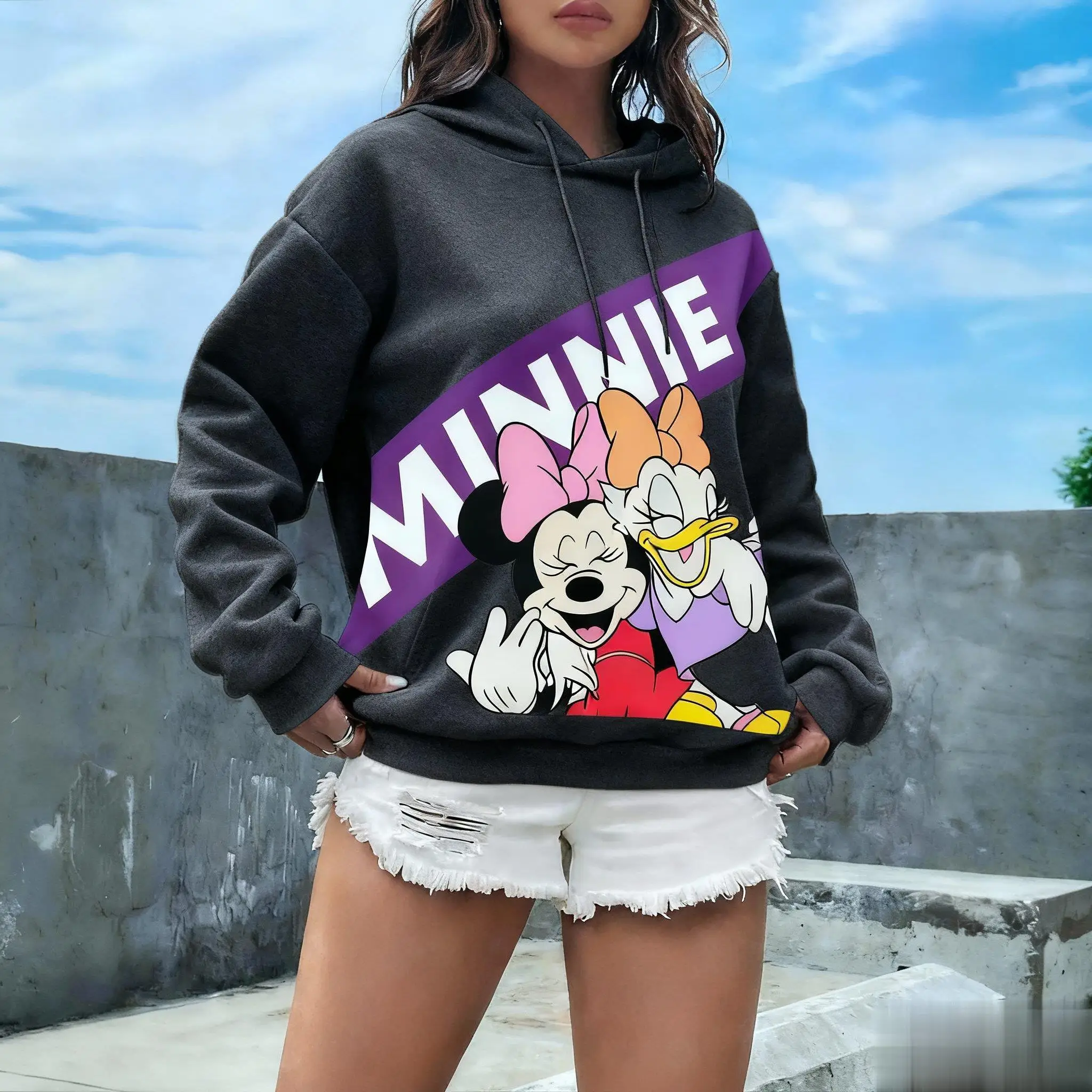 Felpa con cappuccio Disney Minnie Mouse uomo donna pullover con stampa cartoon casual streetwear autunno inverno moda Y2k maniche lunghe